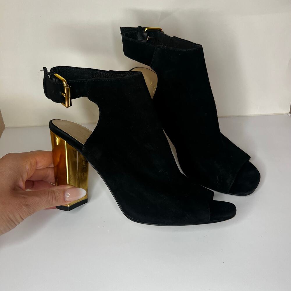 Kate Spade Black suede peep toe gold block heeled sandals WOMENS 6.5